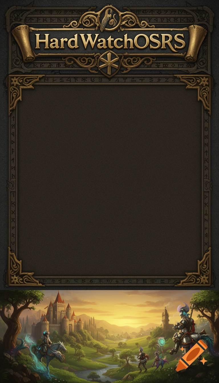 A vertical game interface with 'HardWatchOSRS' title, a blank middle, and a fantasy landscape with knights and a castle below.
