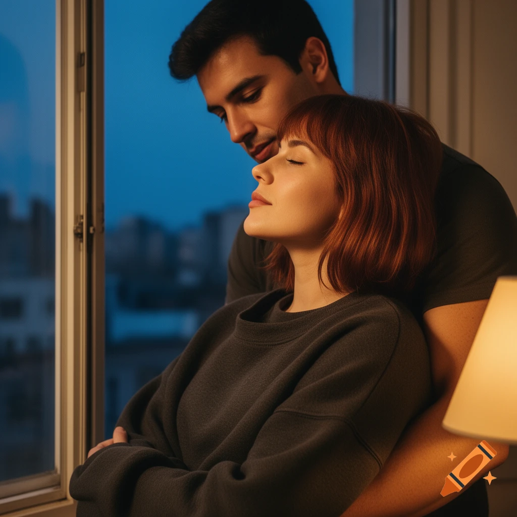 A man embraces a red-haired woman from behind near a window at dusk, with warm light on her face.