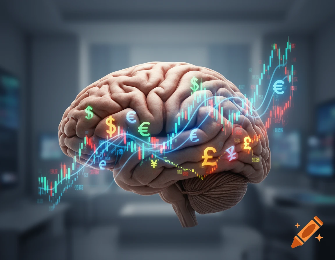 A detailed human brain overlaid with glowing currency symbols like dollar, euro, pound, yen, and a dynamic financial stock chart.