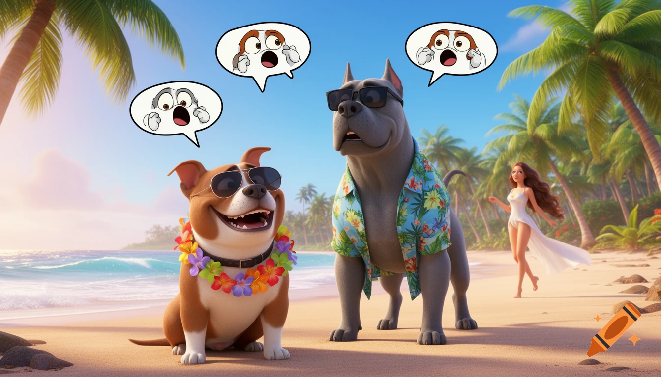 Two 3D Pixar-style cartoon dogs, one in a lei and sunglasses, the other in a Hawaiian shirt, look amazed at a woman on a tropical beach.