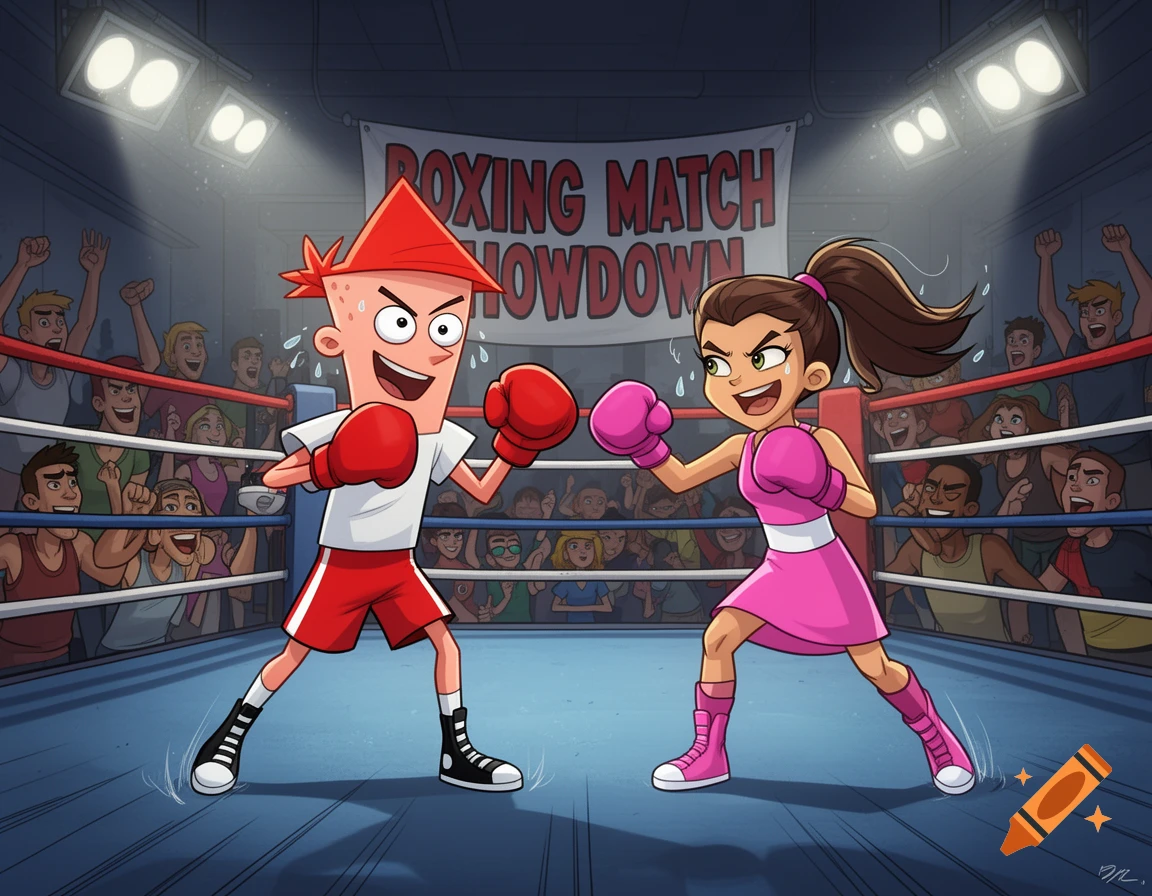 Cartoon boy with a triangular head and a girl with a ponytail in pink and red boxing gear spar in a ring before a cheering crowd.