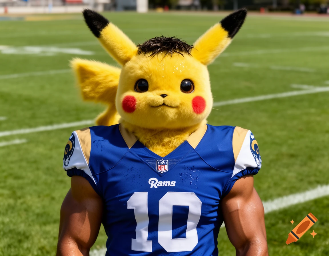 Muscular Pikachu wearing a blue NFL Rams jersey with the number 10, standing on a football field.