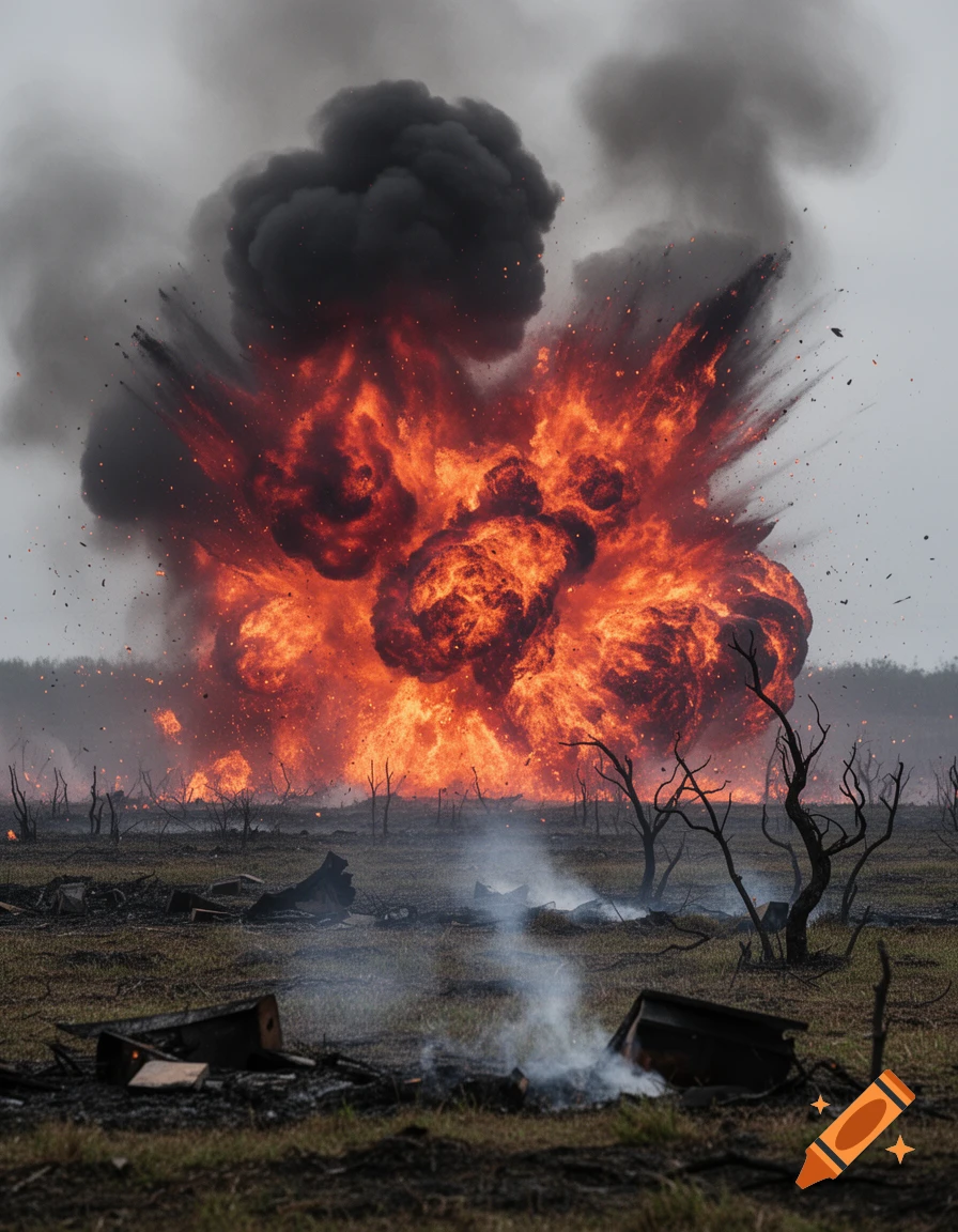 A massive fiery explosion with dark smoke billows over a desolate, smoky landscape with charred trees and debris.