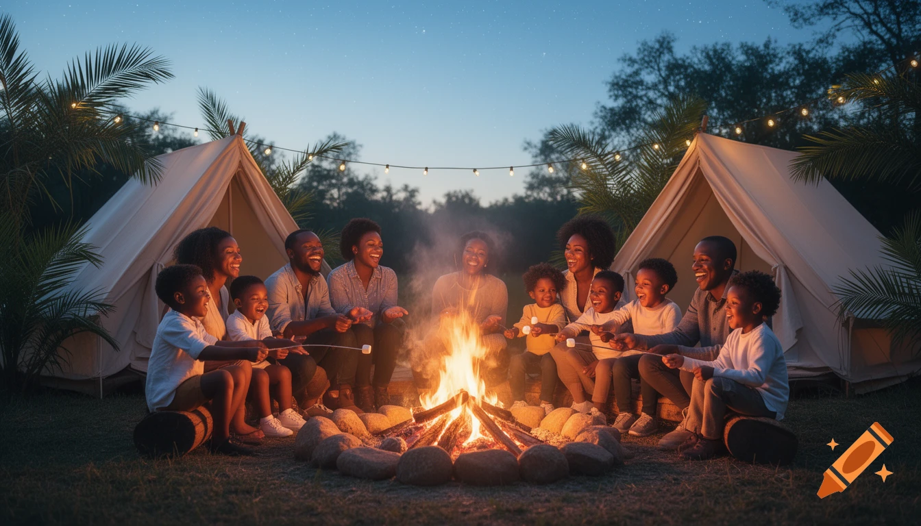 Black families camping around a warm campfire at night, roasting marshmallows under a starry sky with tents and string lights.