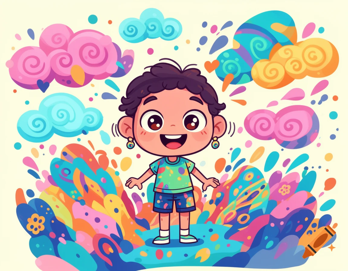 Smiling cartoon child surrounded by a vibrant explosion of colorful abstract shapes and whimsical clouds.