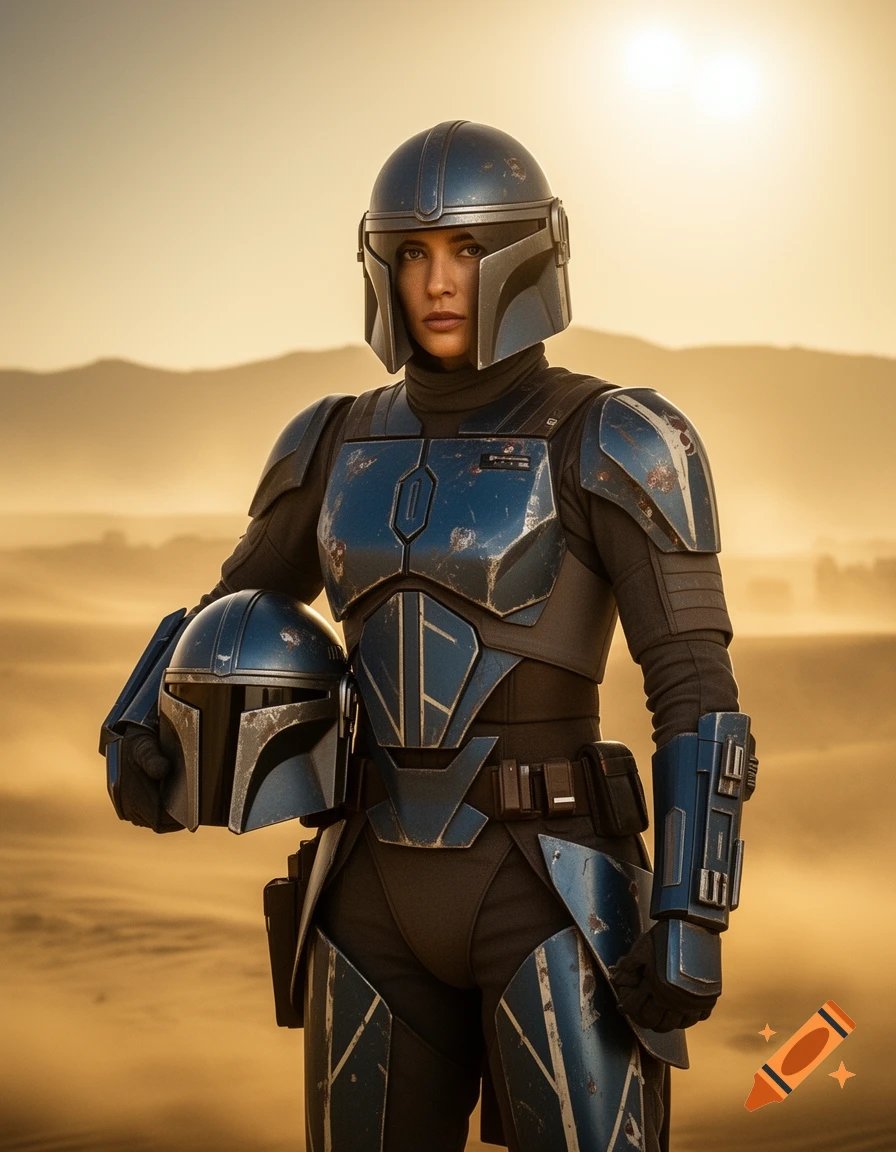 Photorealistic image of a woman in blue Mandalorian armor, holding her helmet, standing in a desert landscape at sunset.