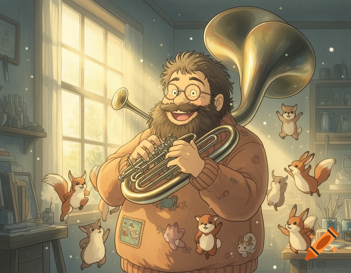 A smiling, bearded man with glasses plays a brass instrument as cute, cartoonish forest animals float around him in a sunny Ghibli-style room.