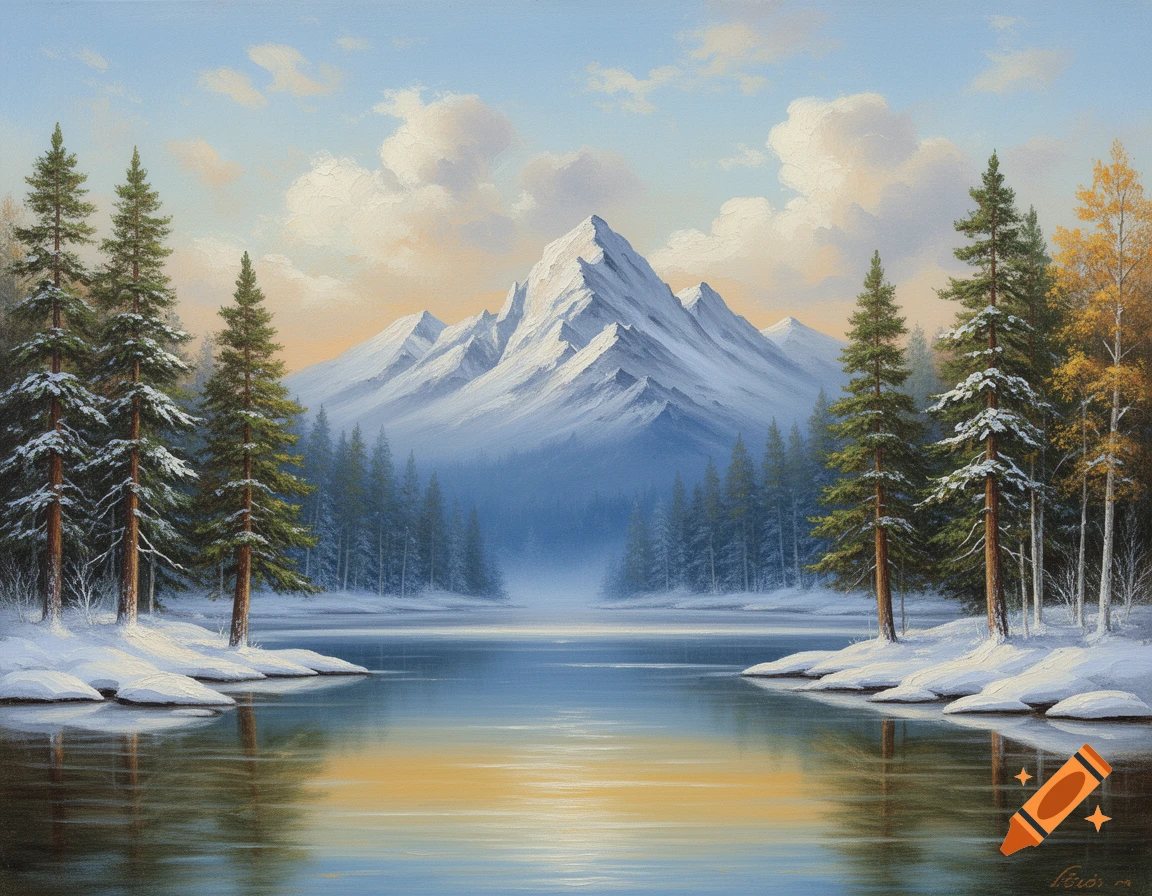 A serene oil painting of snow-capped mountains reflected in a calm lake, framed by pine and birch trees with golden leaves.