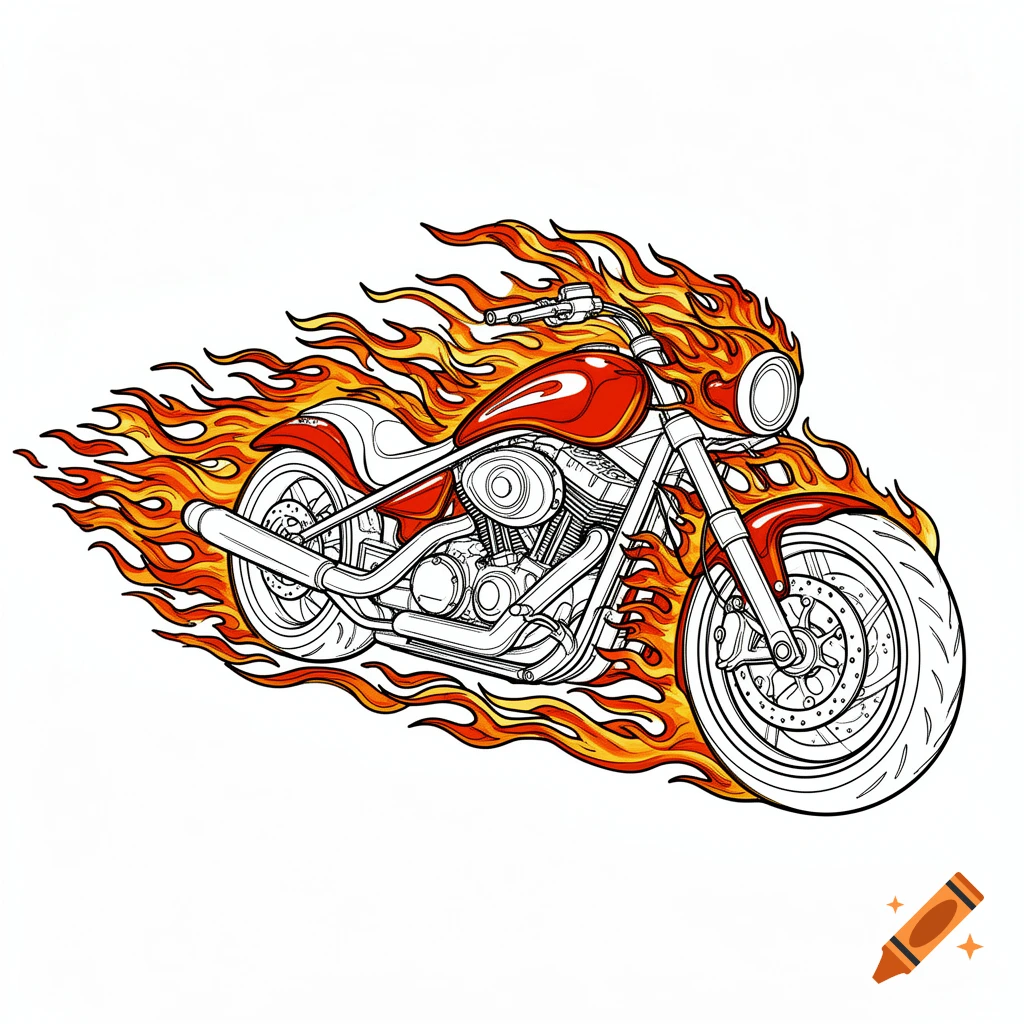 A red motorcycle with chrome accents, surrounded by orange and yellow flames, depicted in a coloring book style on a white background.