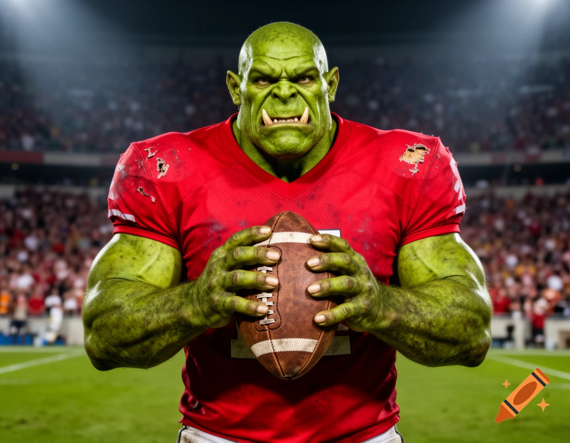 A muscular green orc in a torn red jersey holding a football on a stadium field.
