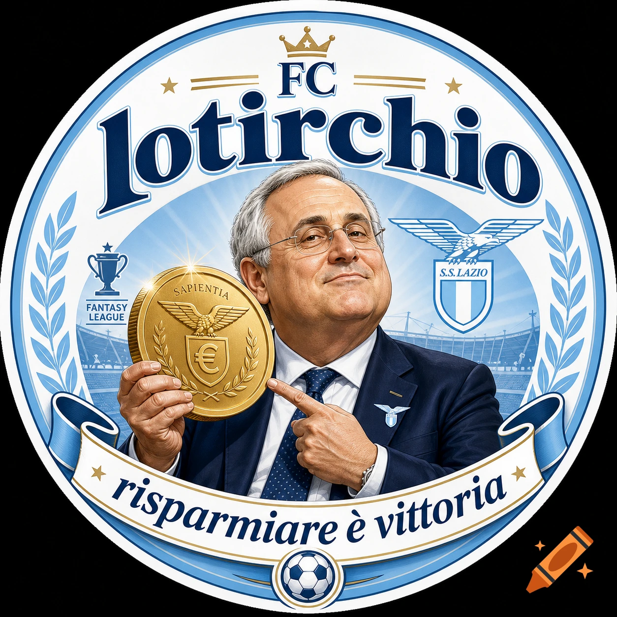 A round white and light blue emblem featuring a smiling man (Lotito) holding a gold coin, with text 'FC lotirchio' and 'risparmiare è vittoria', and the S.S. Lazio logo.