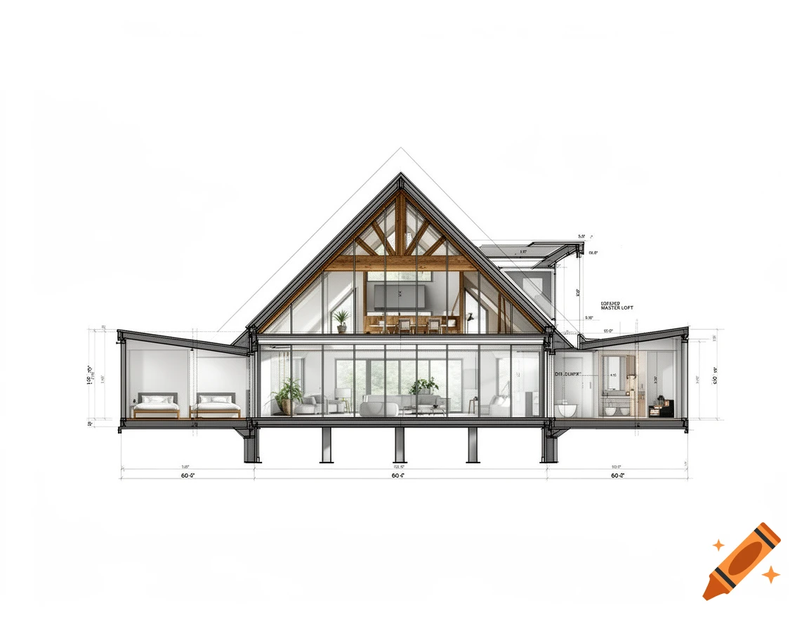 Architectural cross-section blueprint of a modern A-frame house with an elevated foundation, glass facade, master loft, and side extensions.