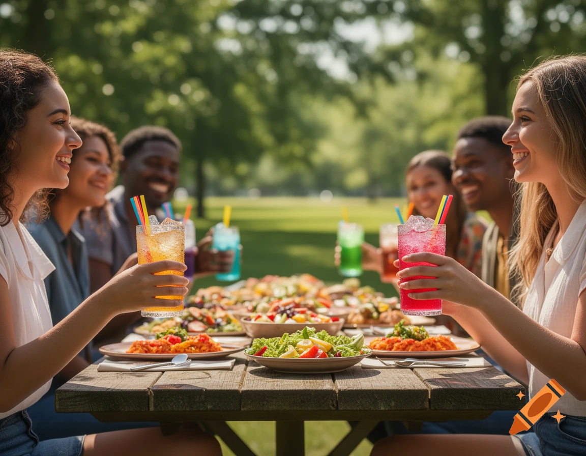 A group of diverse friends smiling and enjoying a sunny outdoor picnic with drinks and food.