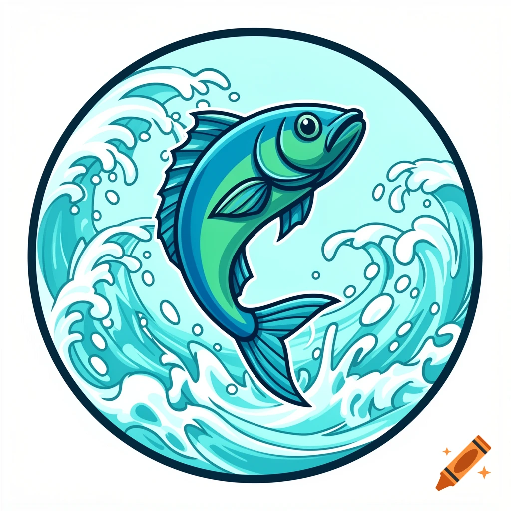 A stylized blue and green fish jumping out of turquoise waves inside a dark blue circular frame, in a World of Warcraft icon style.