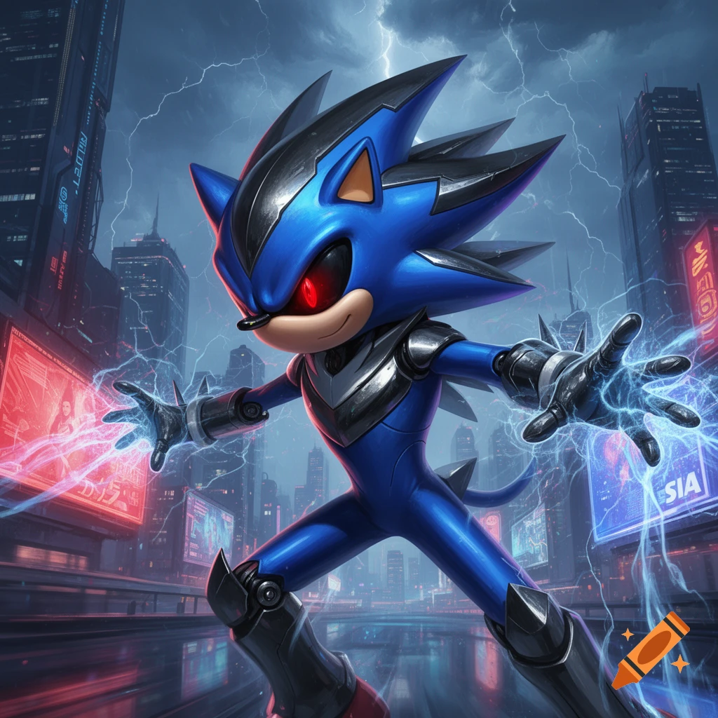 A blue robotic hedgehog character, resembling Neo Metal Sonic, with energy crackling from its hands in a futuristic city with lightning.