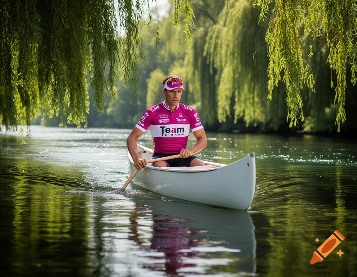 A man in a pink Team Telekom cycling jersey paddles a canoe on a serene river, framed by weeping willow branches.