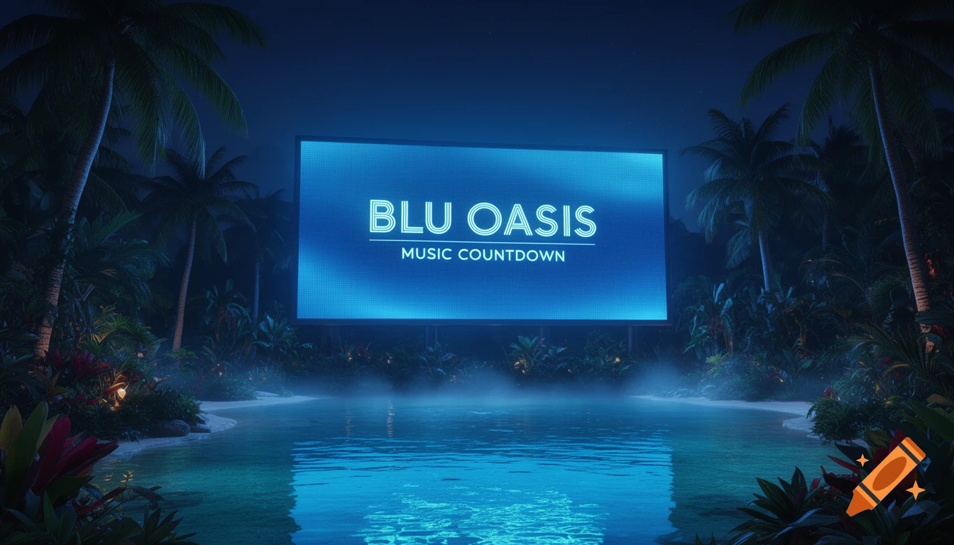 A glowing blue billboard in a misty tropical oasis at night, displaying 'BLU OASIS MUSIC COUNTDOWN' above a calm pool and palm trees.