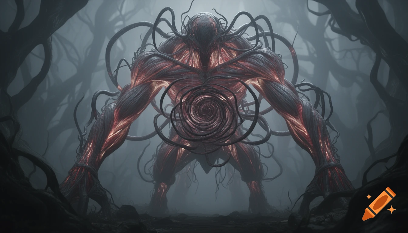 A colossal, hyper-muscular organic monster with glowing red sinews and tendrils, a vortex-like maw, stands in a misty, dark forest.