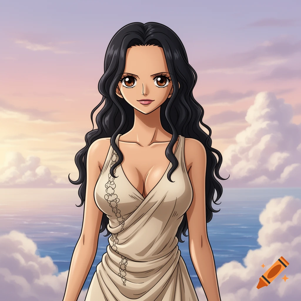 A dark-haired anime woman in a cream-colored, draped dress with prominent cleavage stands against a soft sky and ocean background.