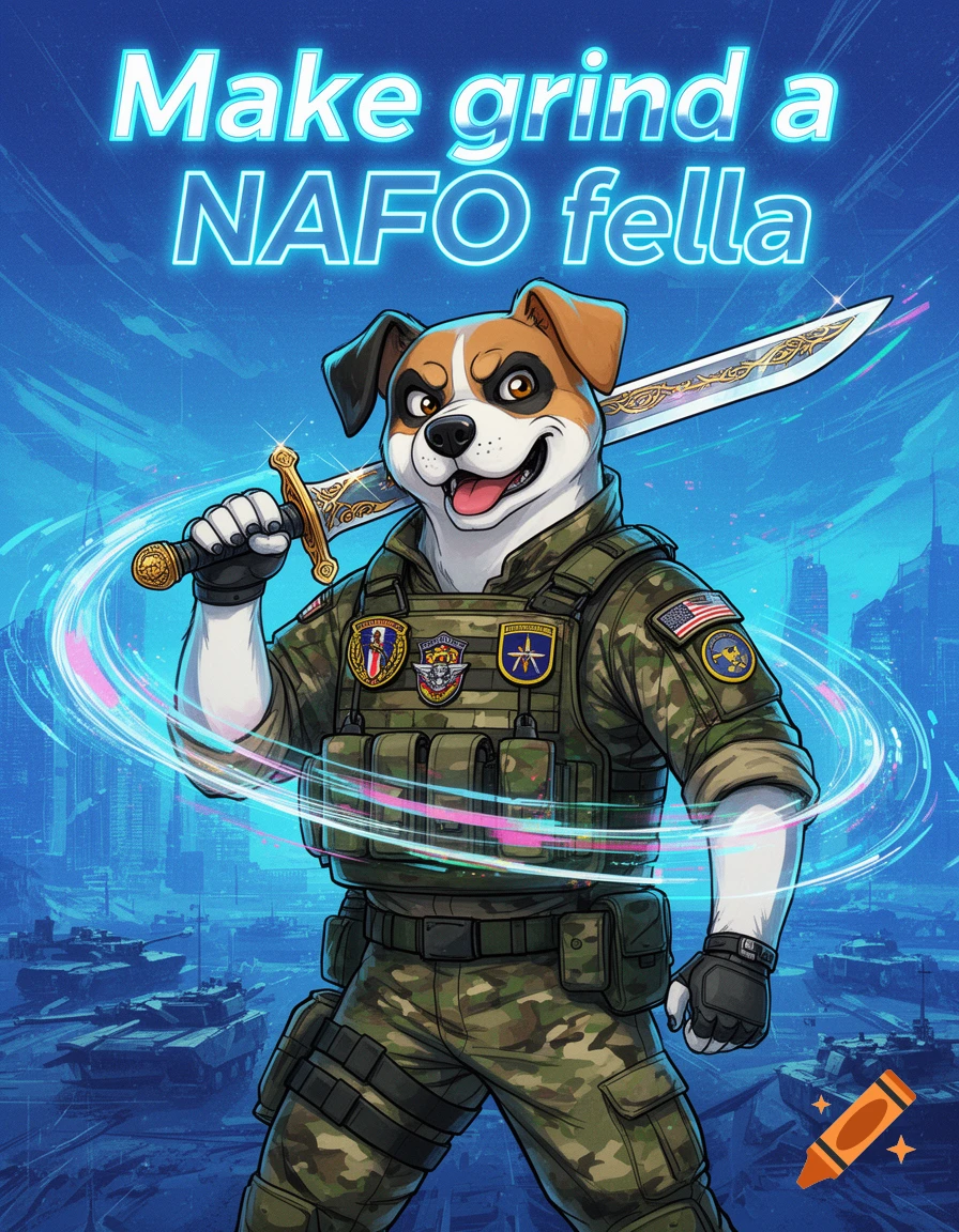 A cartoon anthropomorphic dog in military uniform holds a sword over its shoulder, with text 'Make grind a NAFO fella' above a blue city background with tanks.