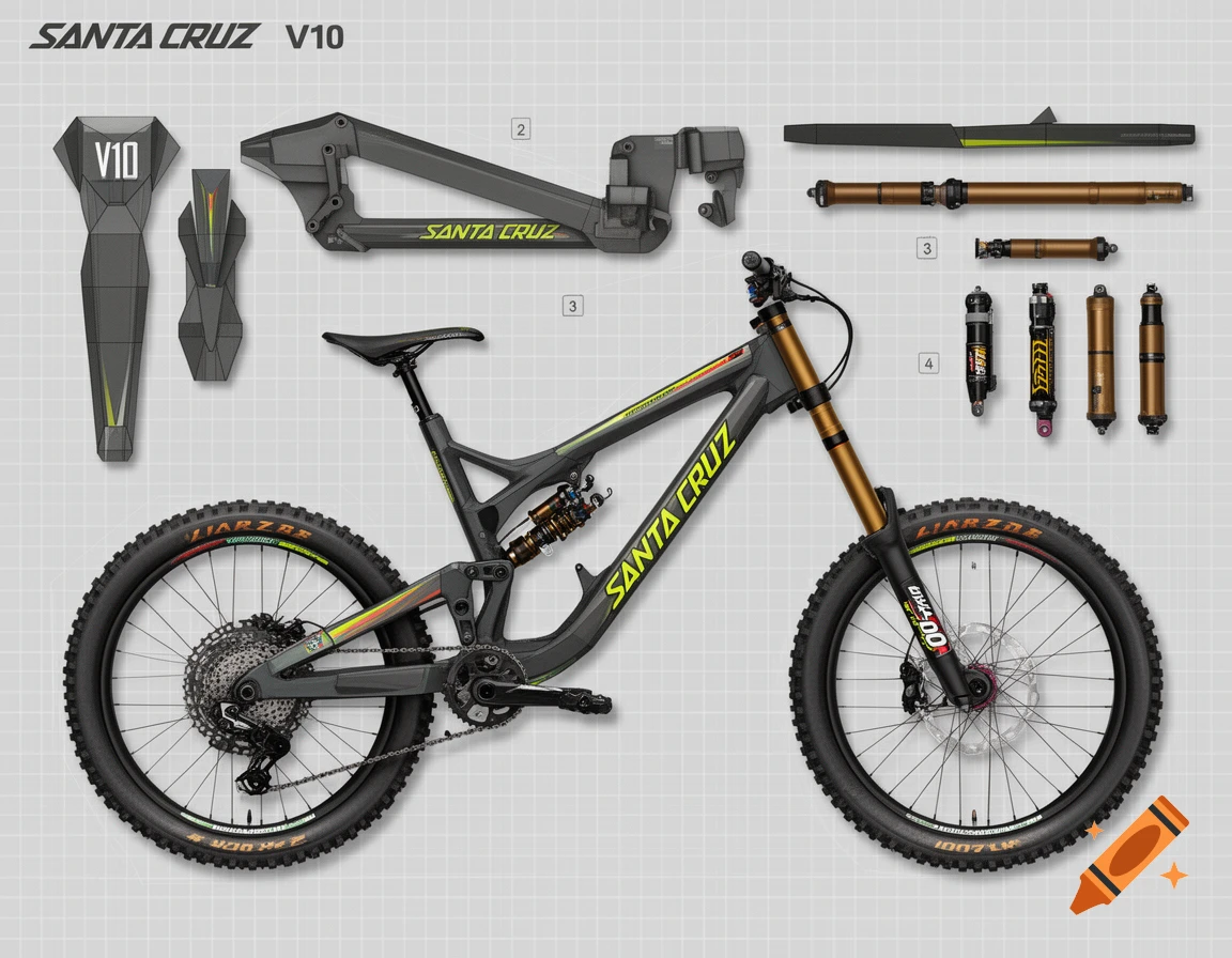 Technical diagram of a gray and yellow Santa Cruz V10 downhill mountain bike with its components exploded around it on a grid background.