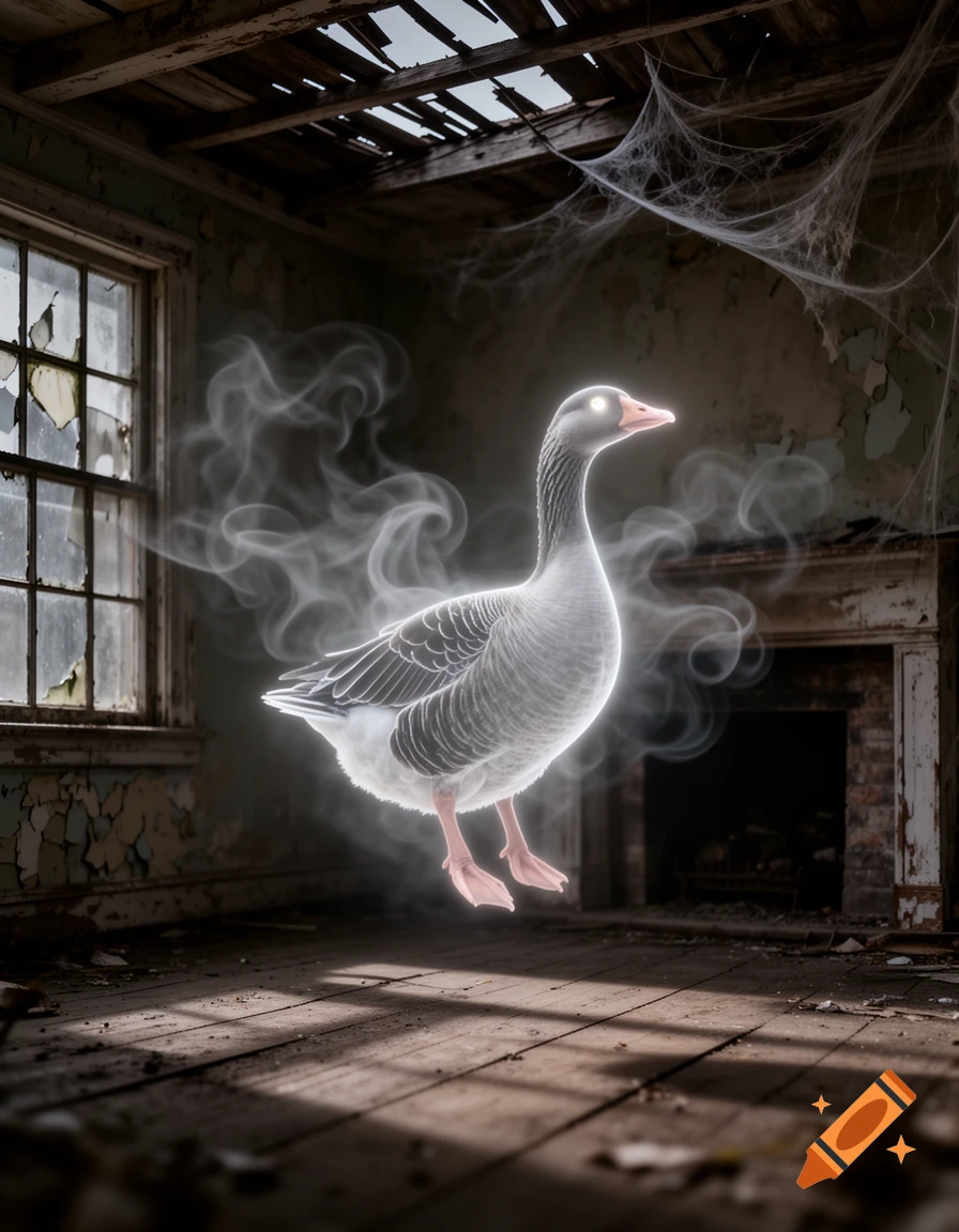 A glowing, ethereal ghost goose floats in a dilapidated, cobweb-filled room with broken windows and a crumbling ceiling.