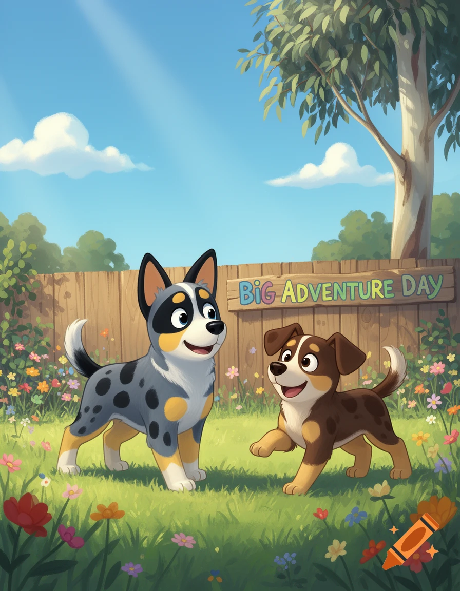 Two cartoon dogs, one blue-grey and one brown, play in a sunny outdoor yard with flowers and a sign 'BIG ADVENTURE DAY'.