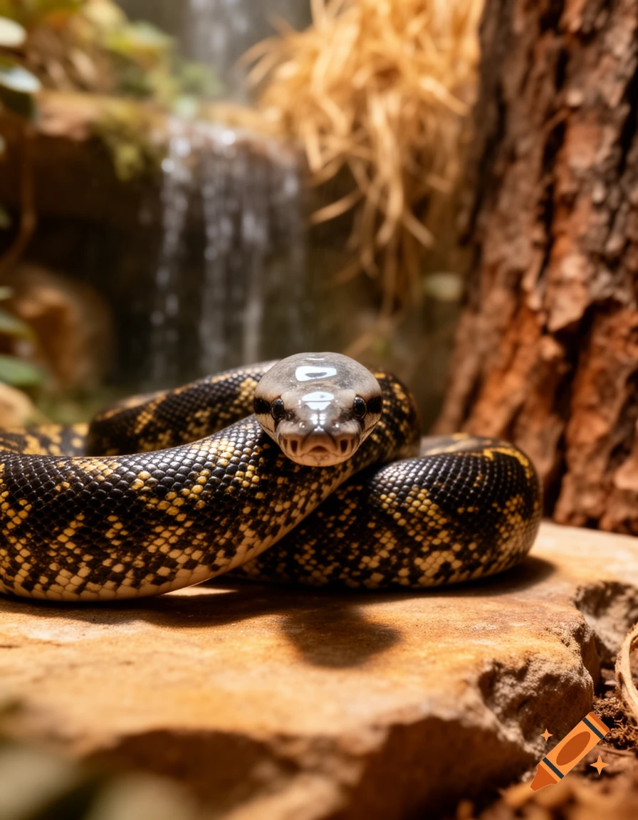 A close-up photorealistic image of a dark and yellow patterned python coiled on a rock, with its head facing forward. A small waterfall and foliage are blurred in the background.
