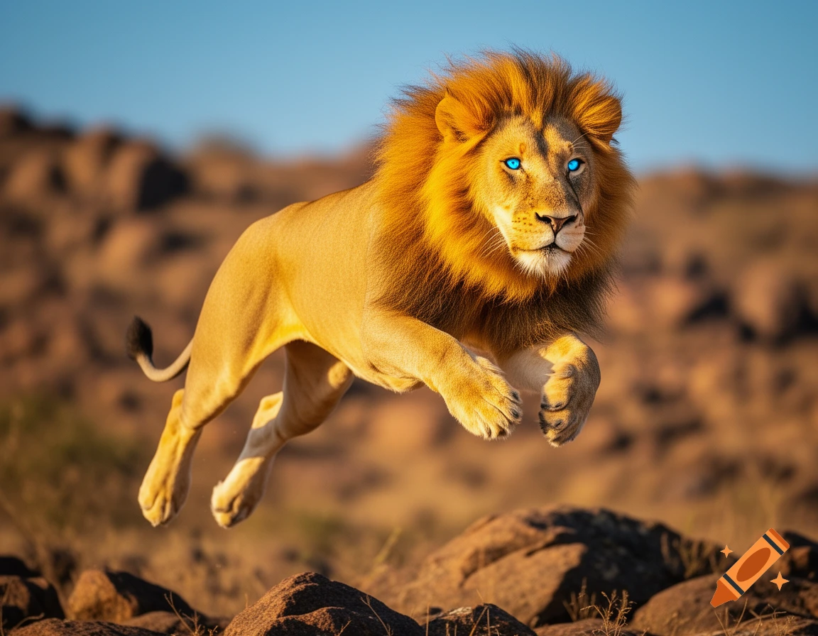 A photorealistic golden lion with a large mane and glowing blue eyes leaps over rocky terrain under a clear blue sky.