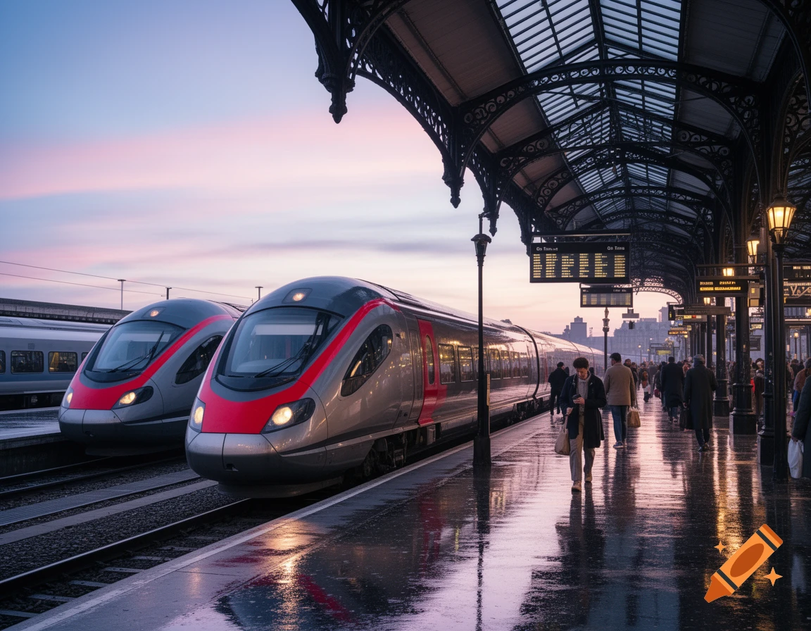 Photorealistic image of modern grey and red trains at a busy train station platform with a pastel sky at dusk.
