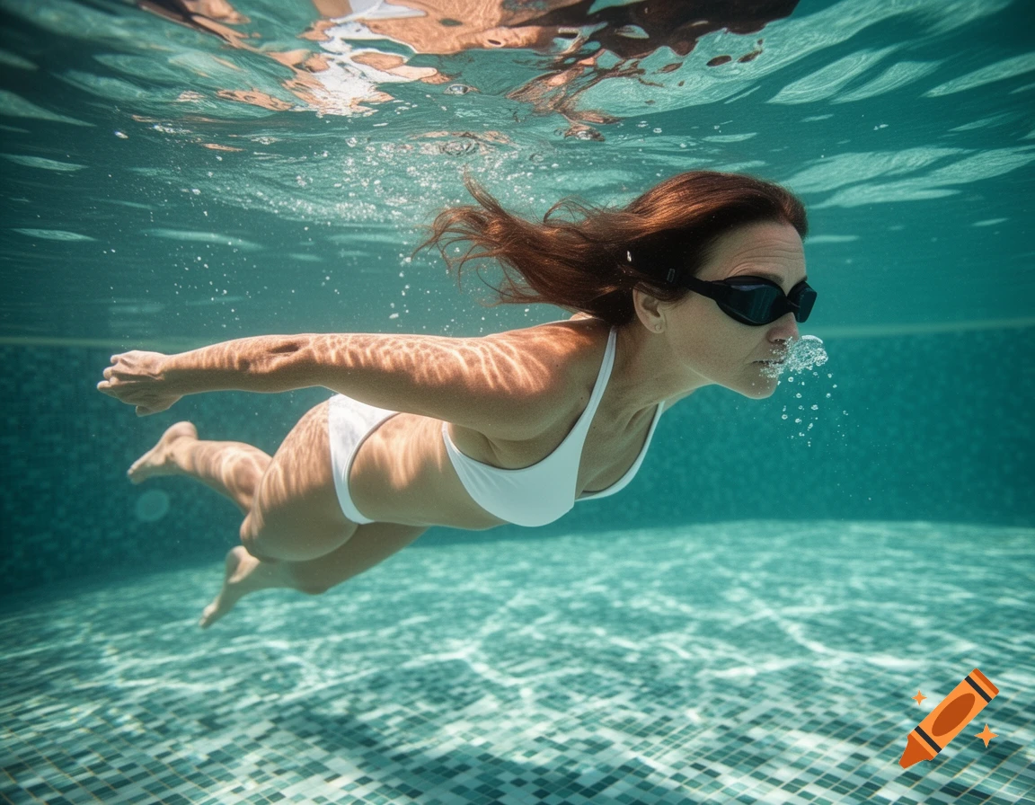 A woman in a white bikini and black goggles swims gracefully underwater in a blue-tiled swimming pool, exhaling bubbles.