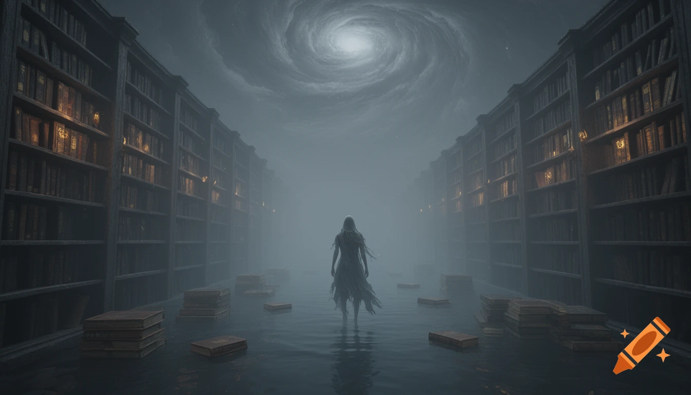 A ghostly figure stands in shallow water within a vast, misty library, surrounded by towering bookshelves under a swirling sky.