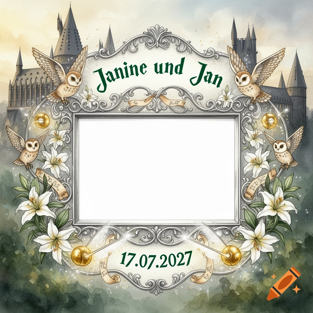 Watercolor Harry Potter themed wedding photo frame with 'Janine und Jan' and '17.07.2027', featuring a castle, owls, and lilies.