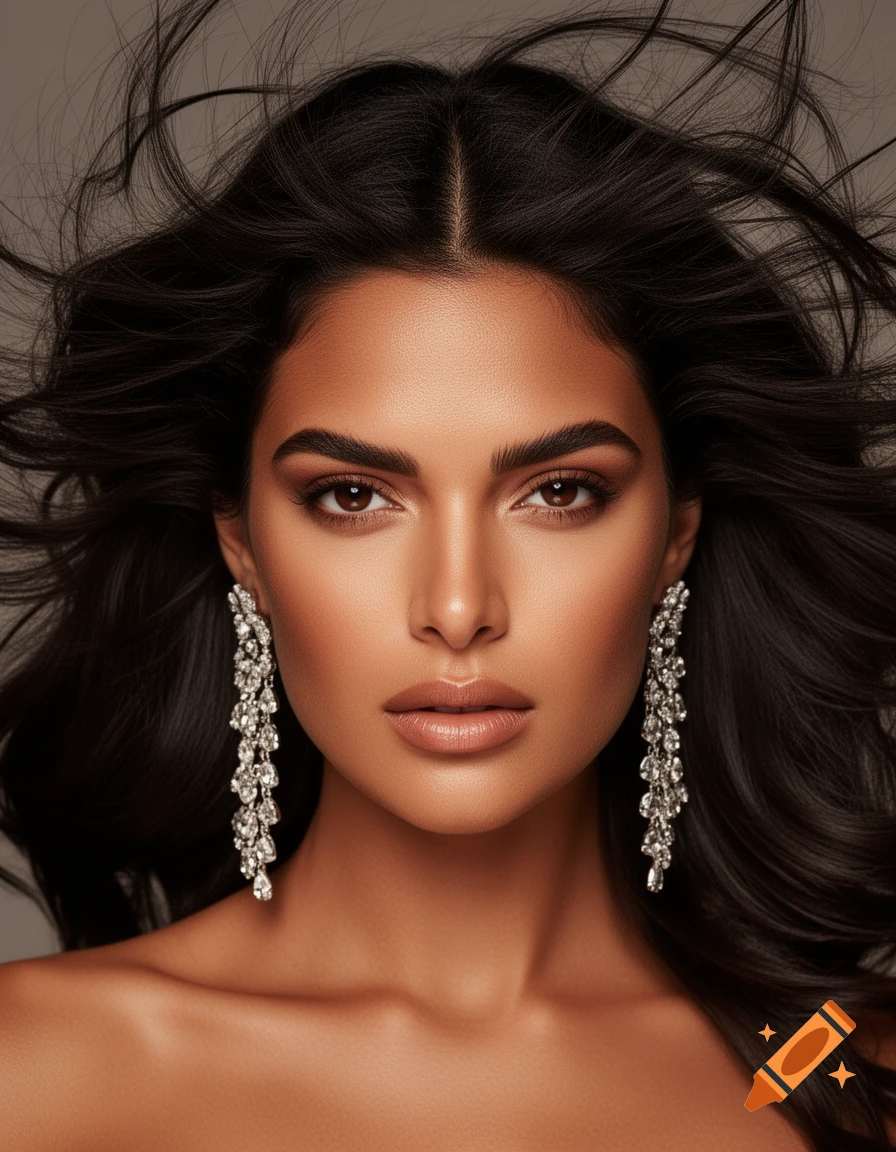 Close-up of a beautiful Latina woman with dark hair blowing and large diamond earrings, looking at the camera. Photorealistic.