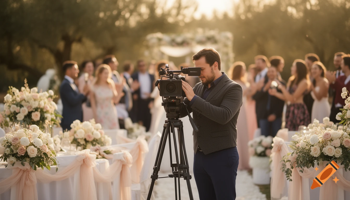 A videographer films an outdoor wedding ceremony with guests in the background, surrounded by floral decorations and soft lighting.