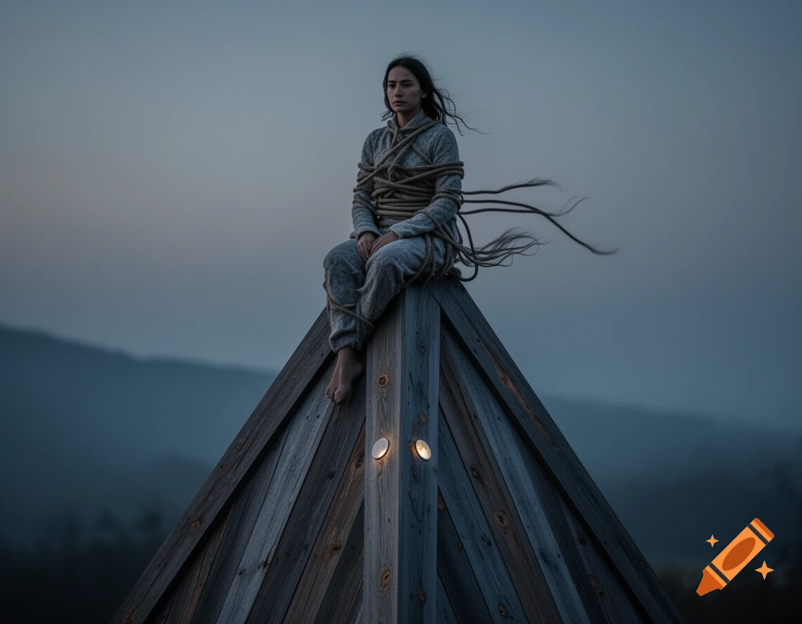 A woman bound by ropes sits on the pointed peak of a weathered wooden pyramid under a cloudy, somber sky.