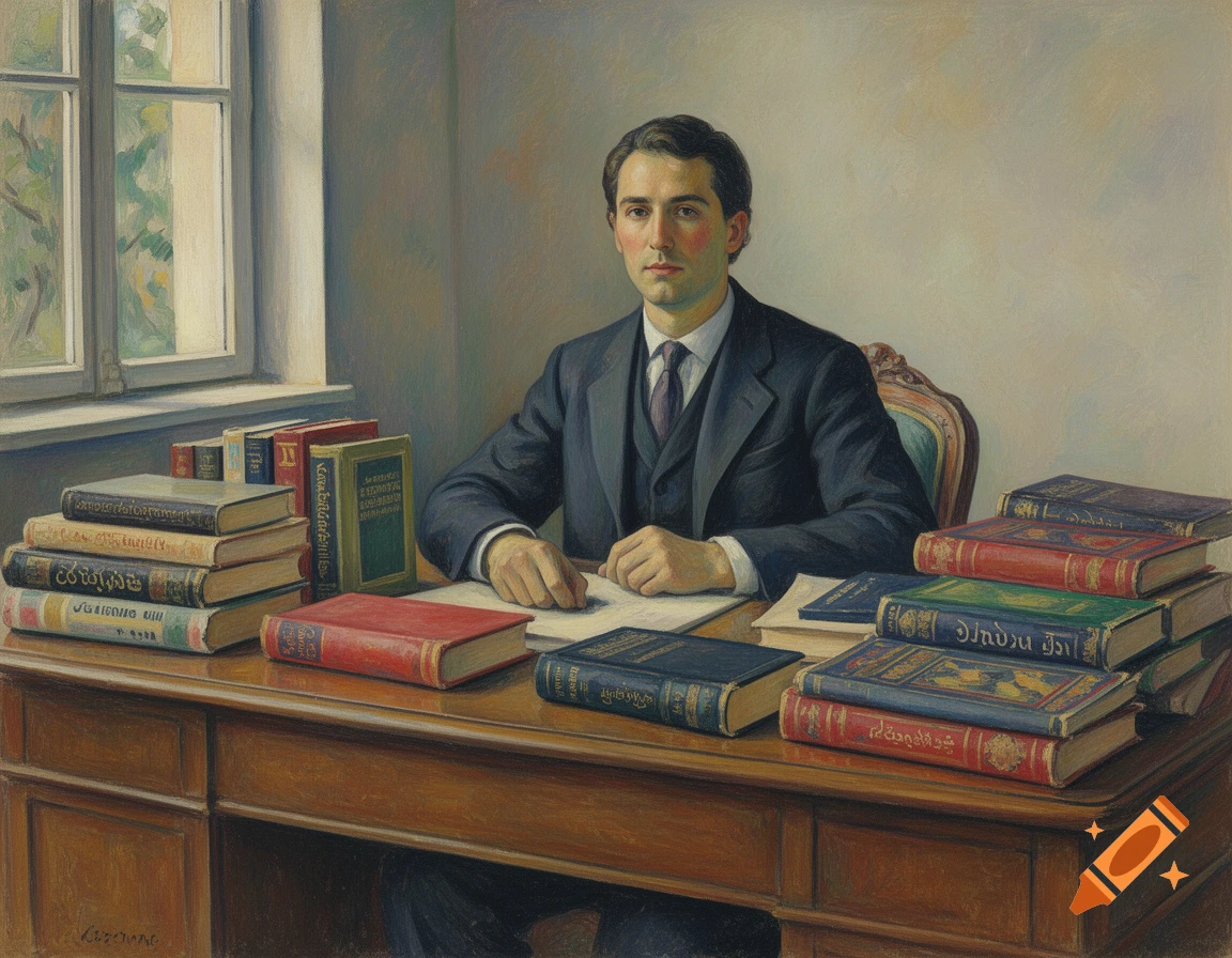 A formal portrait painting of a man with dark hair, sitting at a wooden desk surrounded by stacks of old books, next to a window.