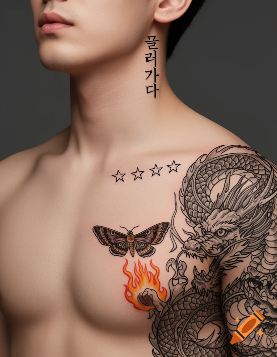 Close-up of a man's torso and neck featuring various tattoos, including Korean script, stars, a moth, flames, and a dragon.