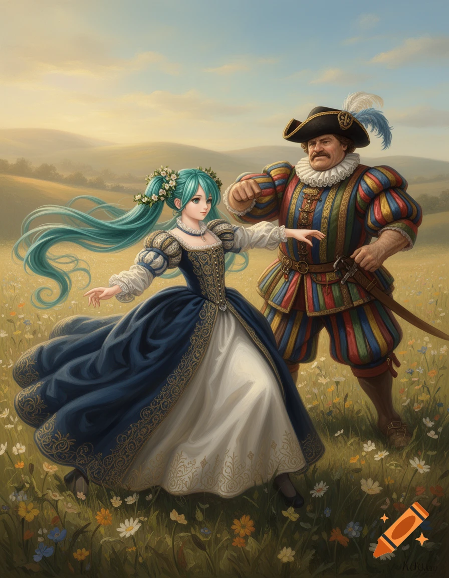 A fantasy art painting of a Hatsune Miku-like character in a Renaissance dress with a man in colorful historical attire, posing in a field of wildflowers.