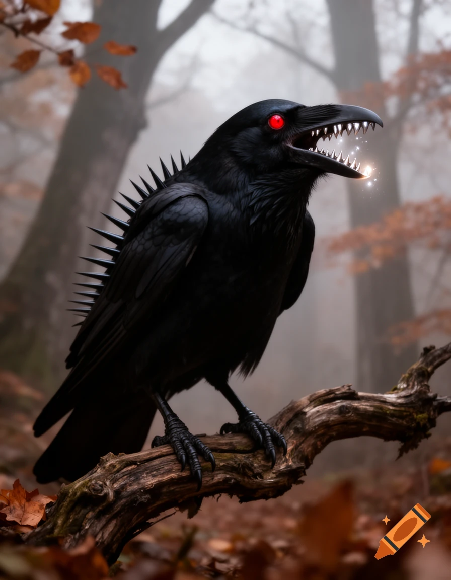 A large, monstrous black crow with glowing red eyes, sharp teeth, and spikes on its back perches on a branch in a foggy autumn forest.