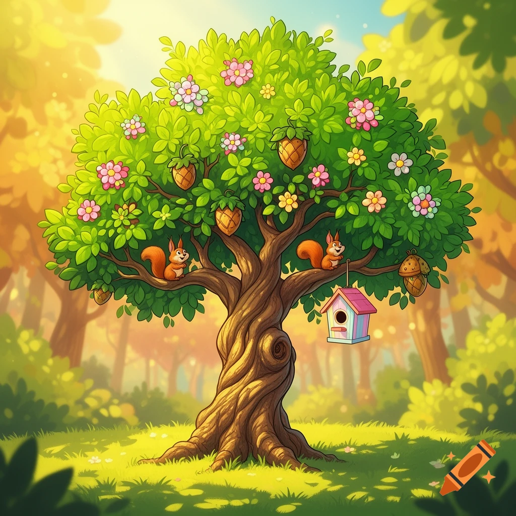 A vibrant cartoon tree with pink and yellow flowers, pinecones, two squirrels, and a colorful birdhouse, set in a sunny forest.