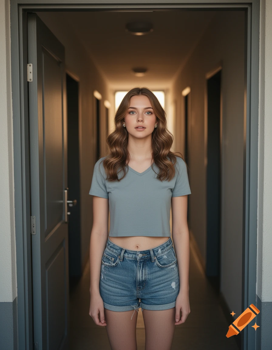 A young European woman with wavy brown hair, wearing a grey crop top and denim shorts, stands in a long hallway.