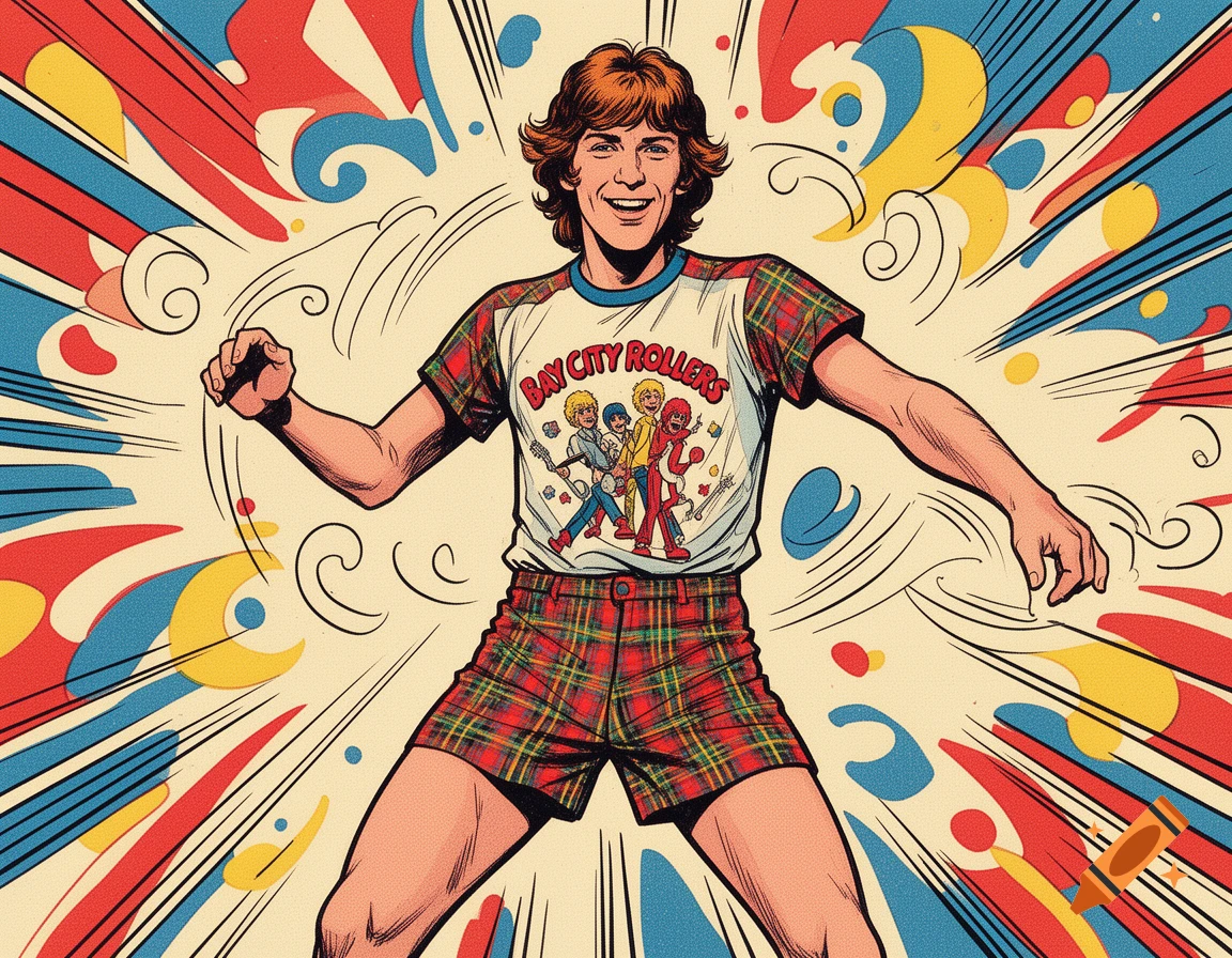 A smiling man in 70s comic art style, wearing a Bay City Rollers t-shirt and plaid shorts, against a vibrant pop art background.