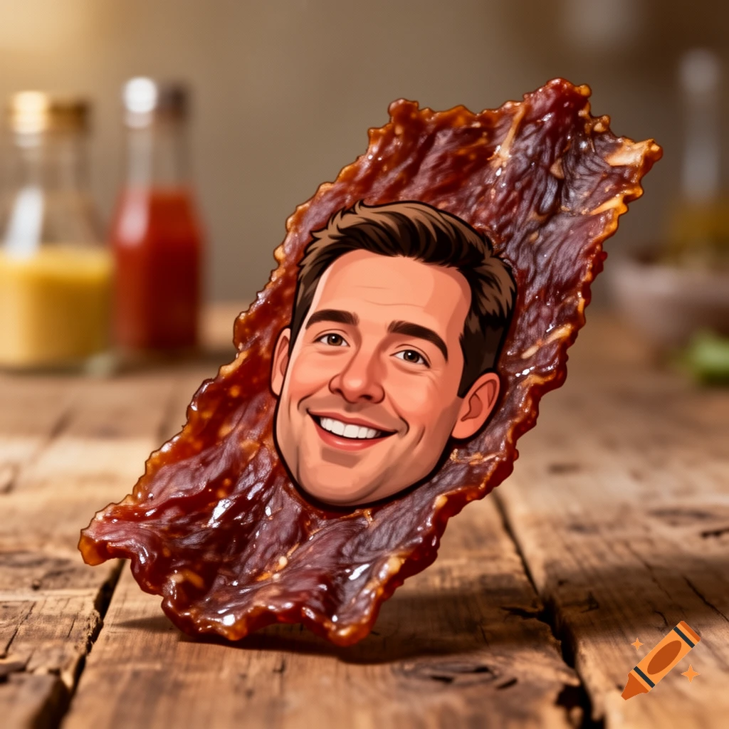 Cartoon face of Charlie Kirk embedded in a glossy piece of beef jerky, resting on a rustic wooden table.