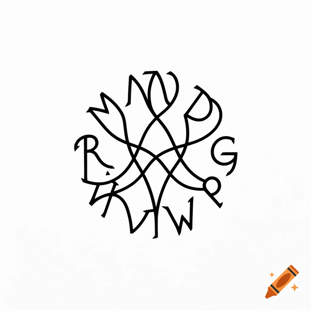 A black abstract sigil formed from intertwined letters, against a plain white background.