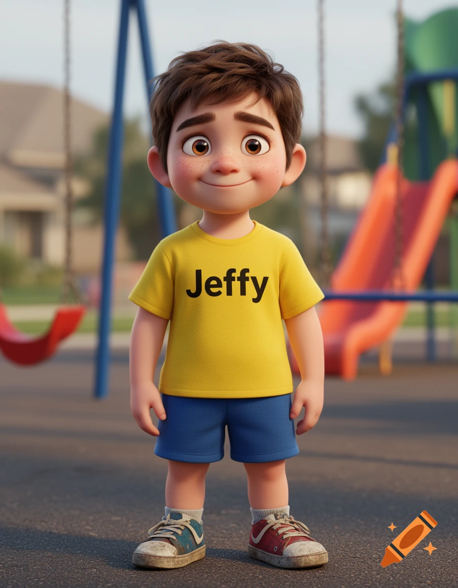 A 3D animated cartoon boy with brown hair, freckles, and a yellow shirt with "Jeffy" stands in a playground.