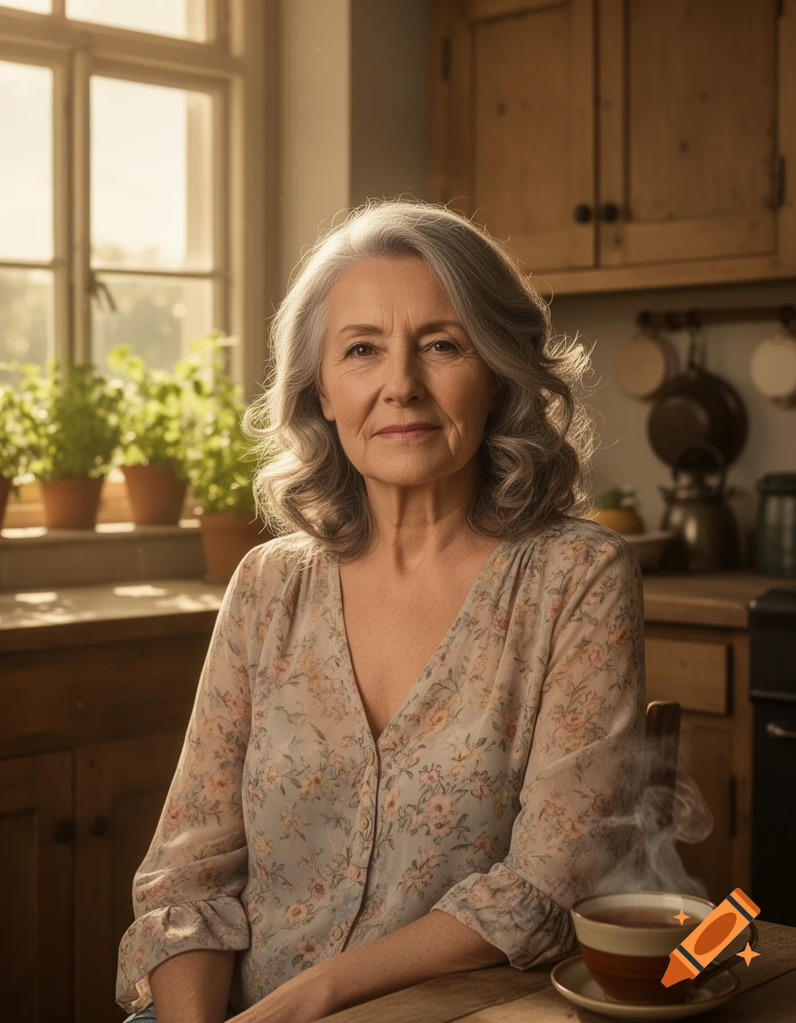 A photorealistic portrait of a mature woman with gray hair smiling gently, seated in a sunlit rustic kitchen with a steaming cup of tea.