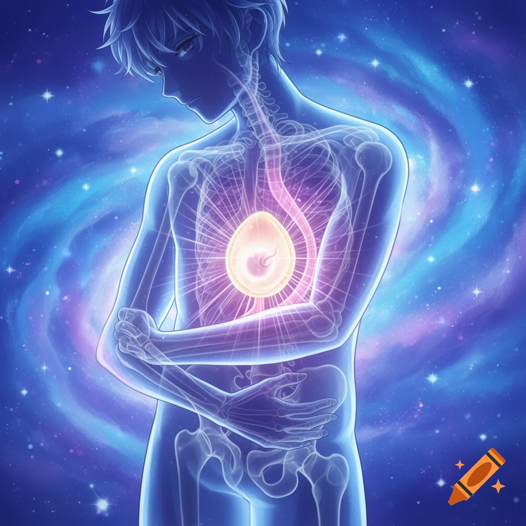 Anime-style x-ray of a man's torso showing a glowing embryo against a starry cosmic background.