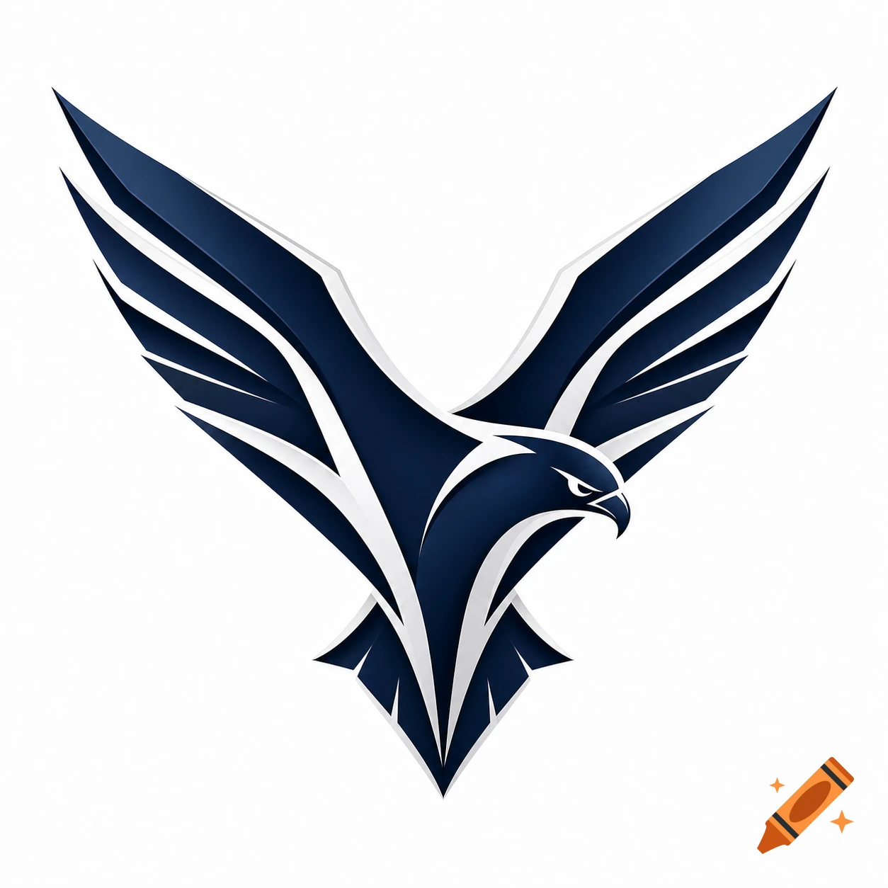 A stylized dark blue and white falcon logo with outstretched wings against a white background.
