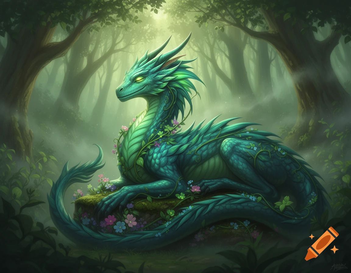 A vibrant green dragon adorned with pink and blue flowers lies in a misty forest, sunlight shining through the trees.